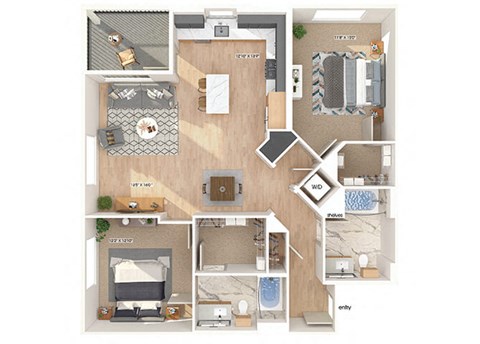 Floor plan for 2 beds, 2 baths, 1236 sqft